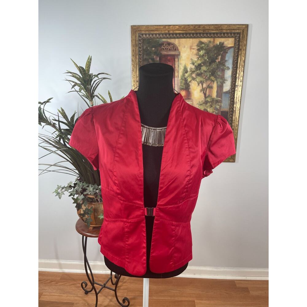 Odds 'n Evens Blouse Womens Large‎ Red Satin Buckle Front Professional Glam Rock
